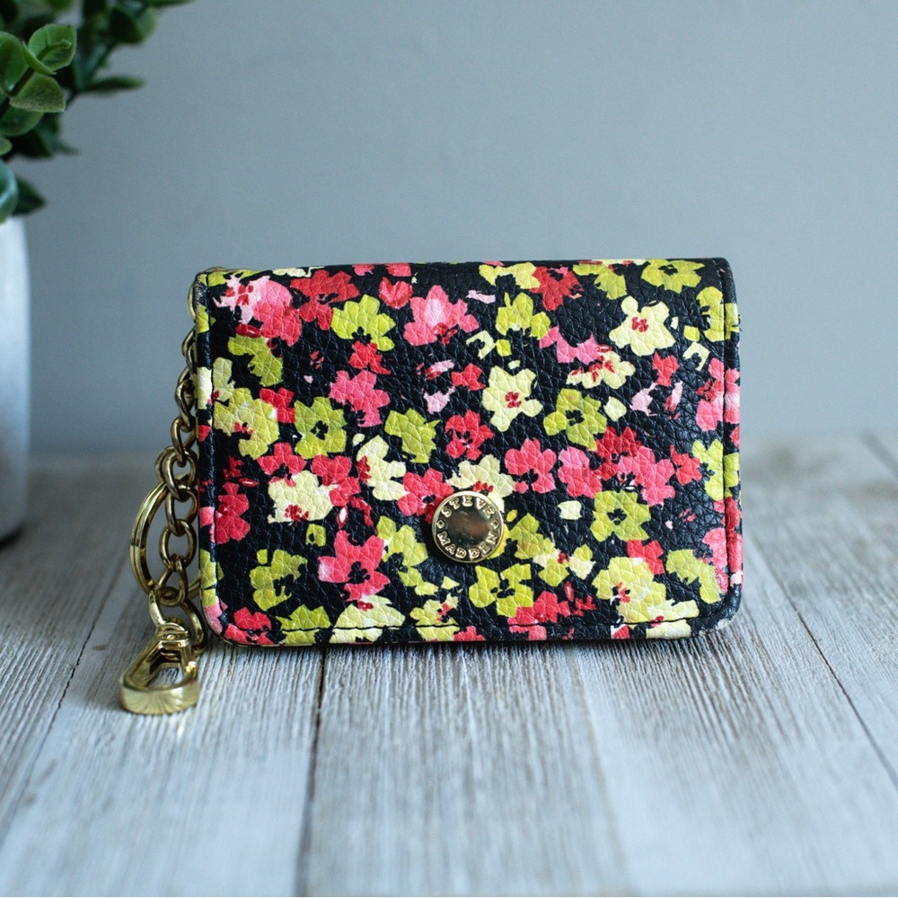 Steve Madden Floral Compact Wallet in Black, Pink, Yellow